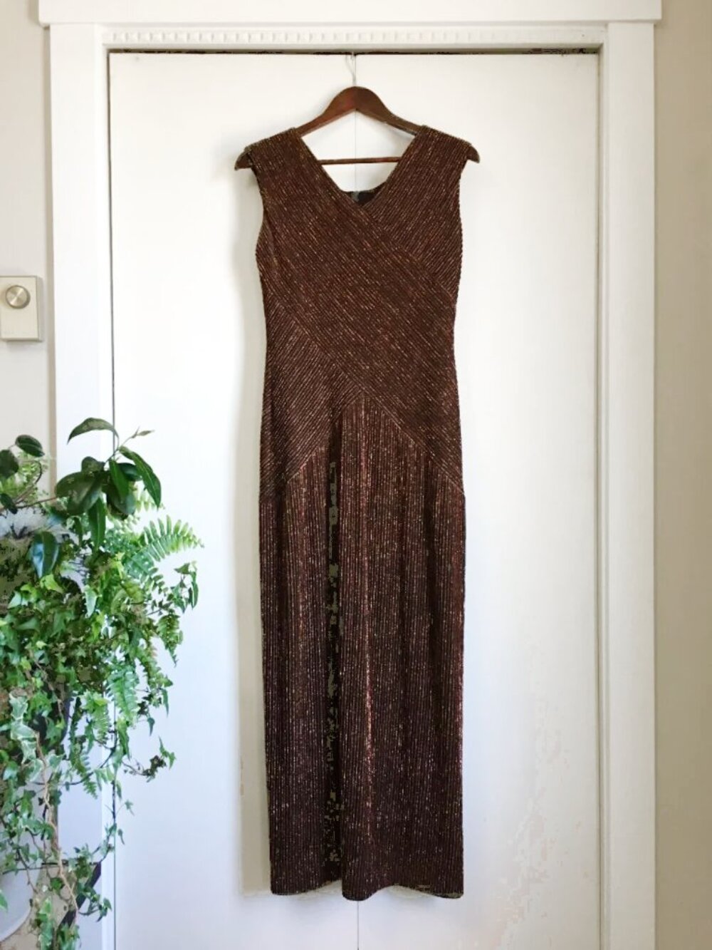 VTG Art Deco Maxi Gown Vanessa Stevens Espresso With Copper Metallic Weave